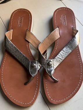 Coach Metallic Gold Leather Thong Sandals with Brown Footbed